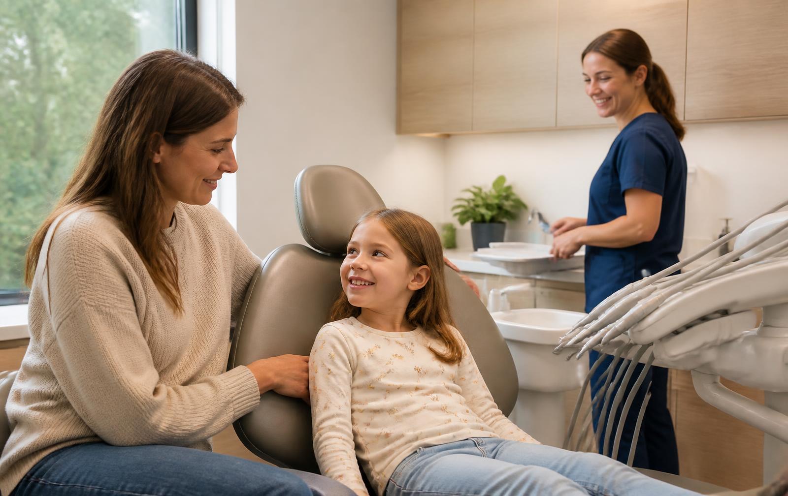 A parent and child sharing a smile in a sunlit dental operatory