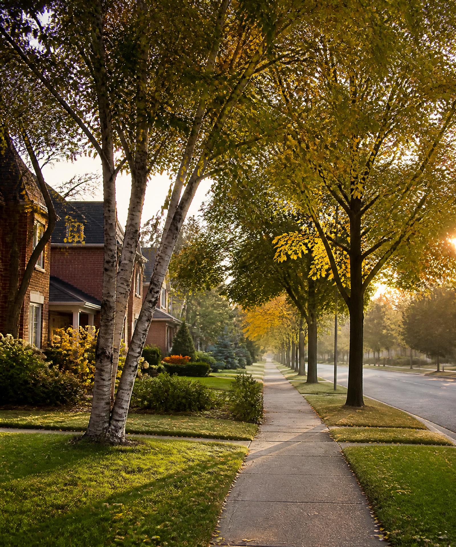 A tree-lined residential street in North Whitby in soft morning light