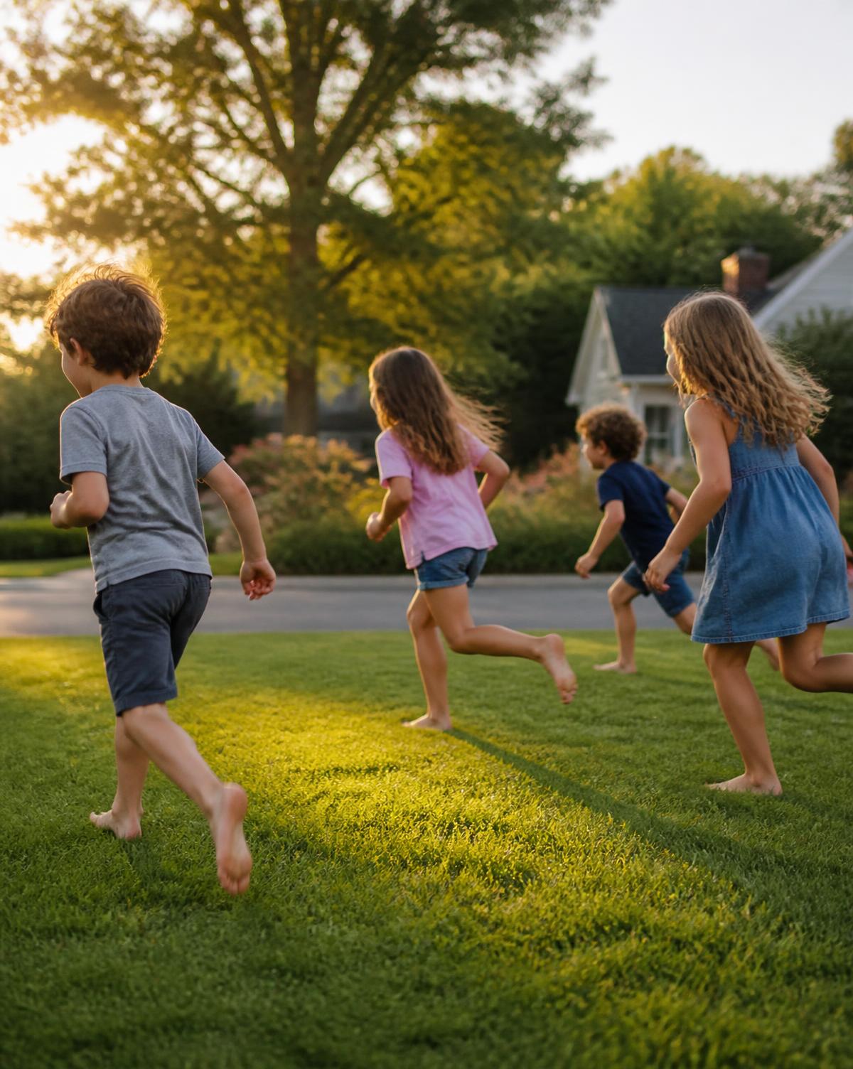 Children running and playing outdoors in warm summer light