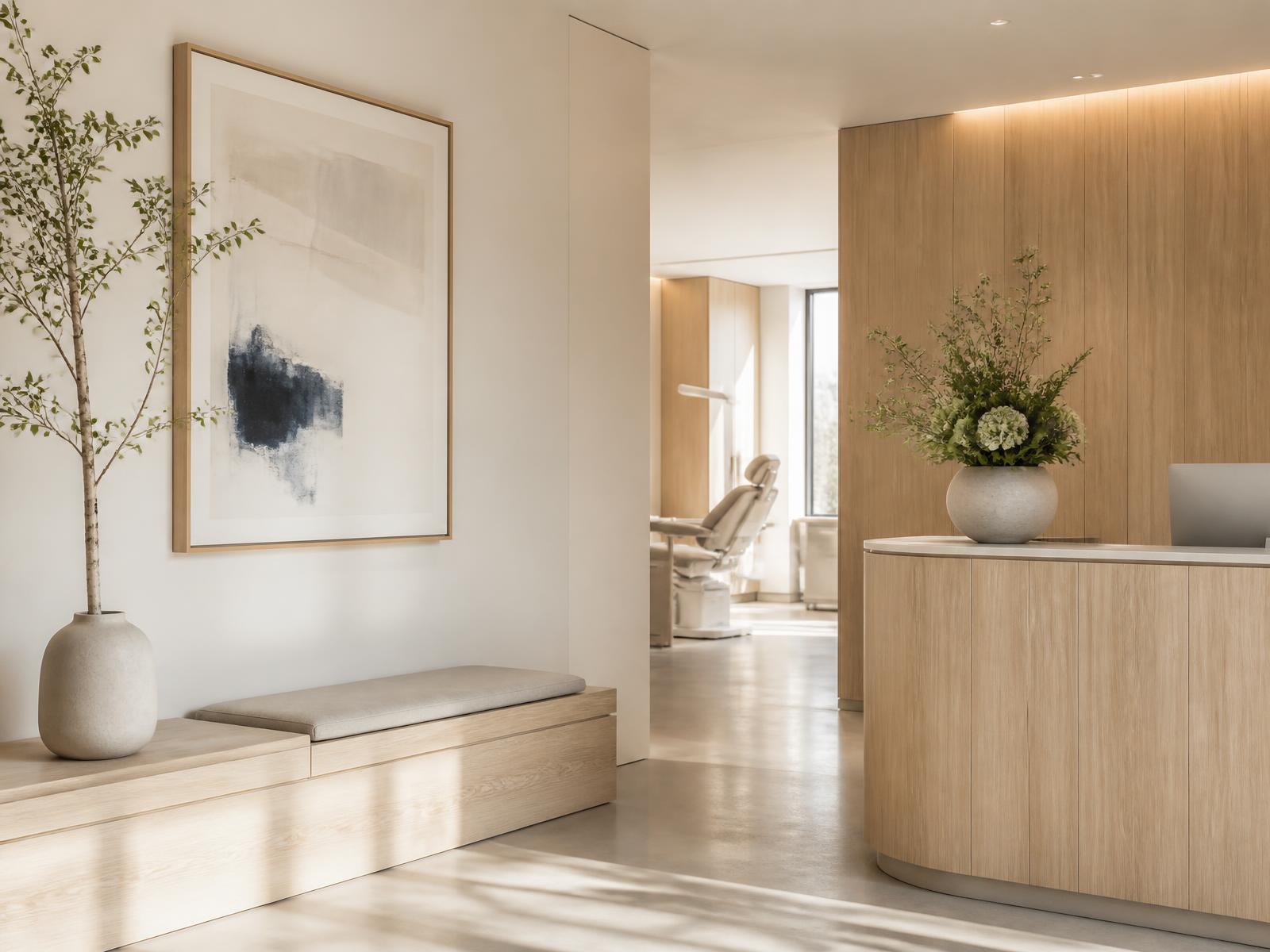 Birch Dental reception interior with warm birch wood, a linen bench, and framed abstract art